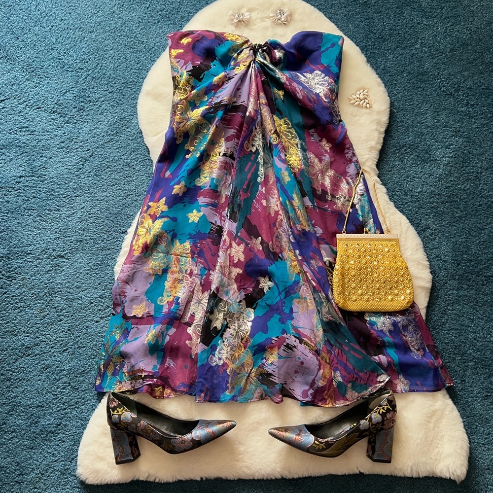 Nicole by Nicole Miller Watercolor Strapless Gold Dress size 10